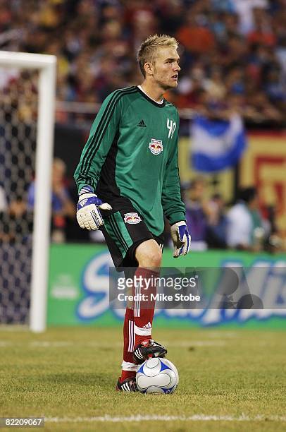 Goalkeeper Caleb Patterson-Sewell of the New York Red Bulls looks on against FC Barcelona at Giants Stadium in the Meadowlands on August 6, 2008 in...