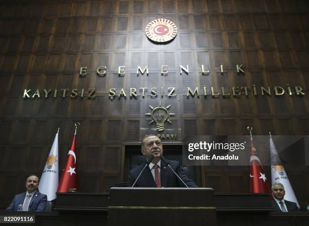 Turkish President and Chairman of the Justice and Development Party Recep Tayyip Erdogan delivers a speech during the AK Party's group meeting at the...