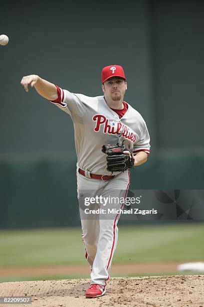 Adam Eaton of the Philadelphia Phillies pitches during the game against the Oakland Athletics at McAfee Coliseum in Oakland, California on June 26,...