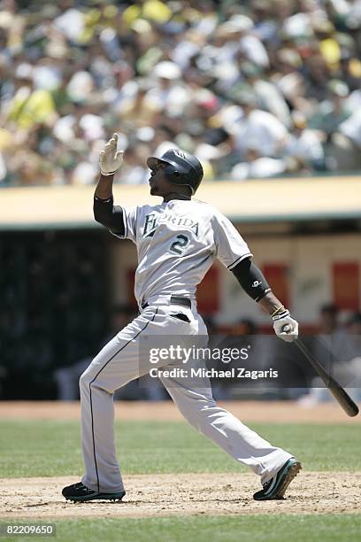Hanley Ramirez of the Florida Marlins at bat during the game against the Oakland Athletics at McAfee Coliseum in Oakland, California on June 22,...