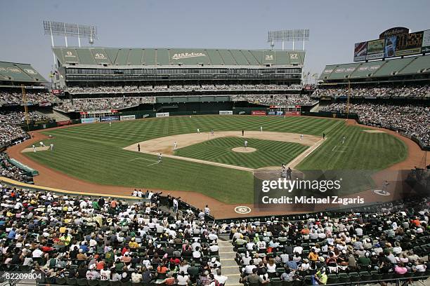 Sellout crowd during the Oakland Athletics game against the San Francisco Giants at McAfee Coliseum in Oakland, California on June 29, 2008. The...