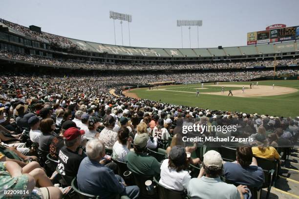 Sellout crowd during the Oakland Athletics game against the San Francisco Giants at McAfee Coliseum in Oakland, California on June 29, 2008. The...