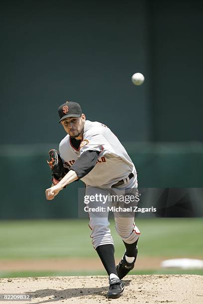 Jonathan Sanchez of the San Francisco Giants pitches during the game against the Oakland Athletics at McAfee Coliseum in Oakland, California on June...