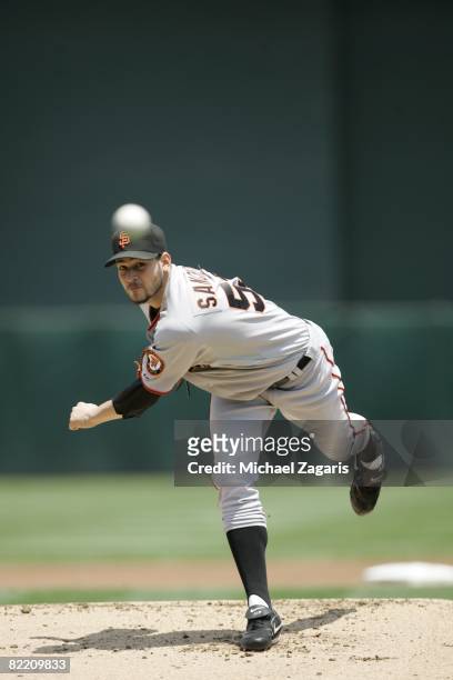 Jonathan Sanchez of the San Francisco Giants pitches during the game against the Oakland Athletics at McAfee Coliseum in Oakland, California on June...