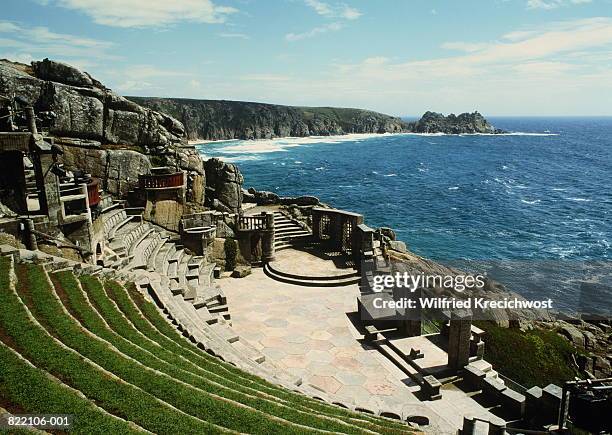 england,cornwall,porthcurno,minack theatre,open-air theatre on cliff - minack theatre stock pictures, royalty-free photos & images