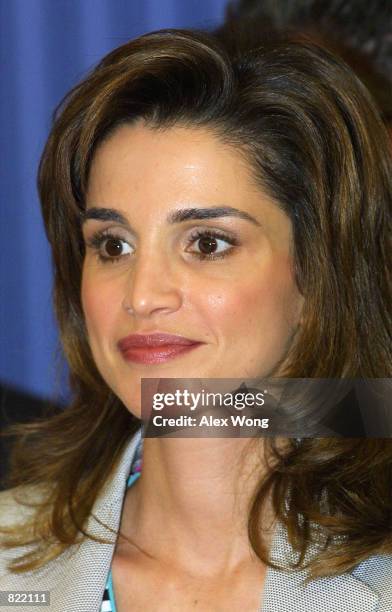 Queen Rania of Jordan smiles April 4, 2001 during a meeting with congressional leaders on Capitol Hill in Washington, D. C.