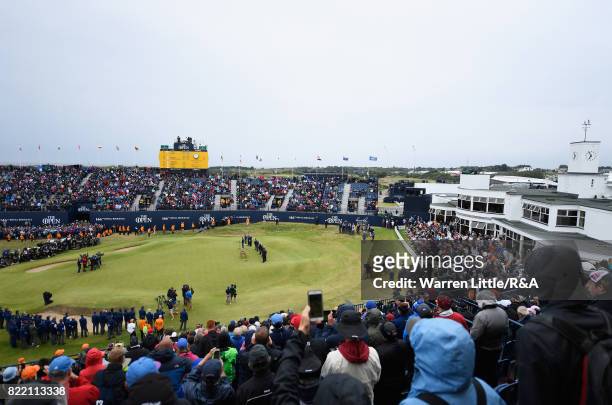 General view as Jordan Spieth of the United States holds the Claret Jug and speaks to the crowd after winning the 146th Open Championship at Royal...
