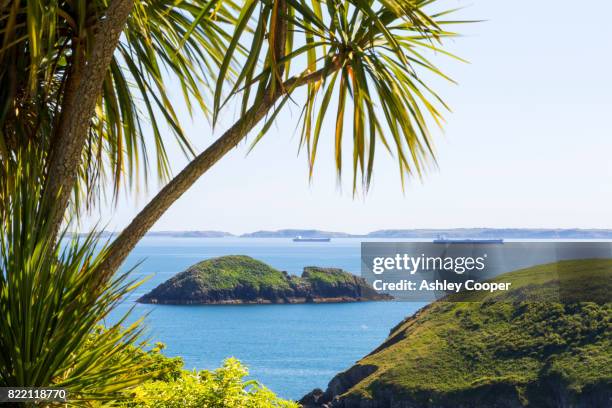 oil tankers moored in st brides bay from solva in pembrokeshire, wales, uk, with green scar island in the foreground. - pembrokeshire stock pictures, royalty-free photos & images