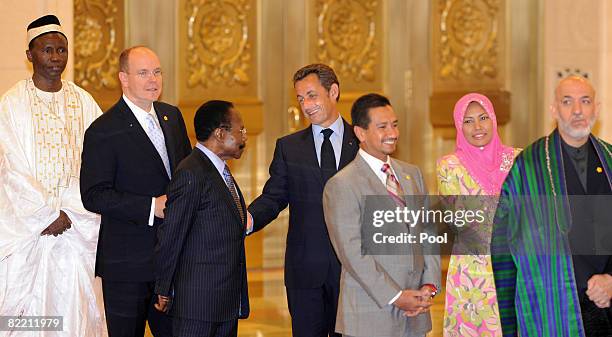 Prince Albert II of Monaco and French President Nicolas Sarkozy chat with other leaders as they wait to be welcomed by Chinese President Hu Jintao...