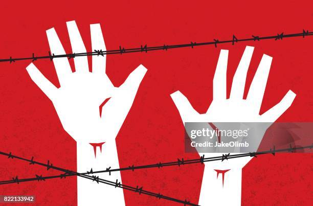illustrazioni stock, clip art, cartoni animati e icone di tendenza di mani dietro filo spinato - rivolta