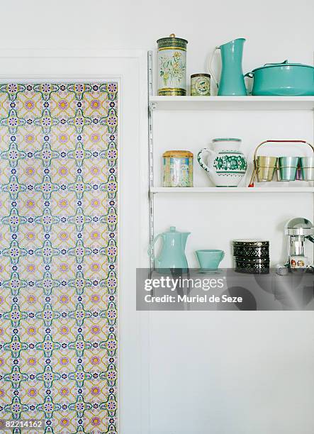 kitchen shelves with crockery - vintage kitchen shelves stock pictures, royalty-free photos & images