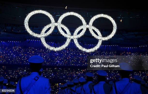 The Olympic rings are pictured during the Opening Ceremony for the 2008 Beijing Summer Olympics at the National Stadium on August 8, 2008 in Beijing,...