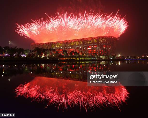 Fireworks explode over the National Stadium during the Opening Ceremony for the Beijing 2008 Olympic Games at the National Stadium on August 8 in...