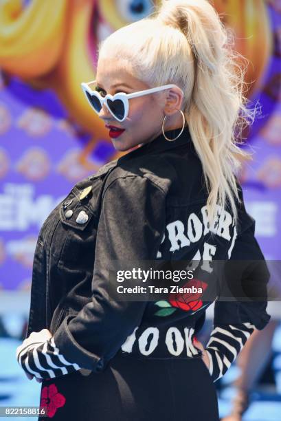 Singer Christina Aguilera attends the premiere of Columbia Pictures and Sony Pictures Animation's 'The Emoji Movie' at Regency Village Theatre on...