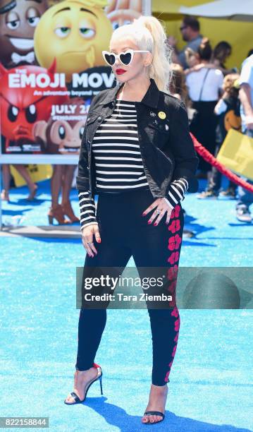 Singer Christina Aguilera attends the premiere of Columbia Pictures and Sony Pictures Animation's 'The Emoji Movie' at Regency Village Theatre on...