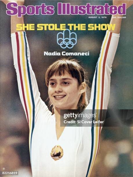 August 2 Sports Illustrated via Getty Images Cover: Gymnastics: 1976 Summer Olympics. Closeup of Romania Nadia Comaneci victorious during competition...