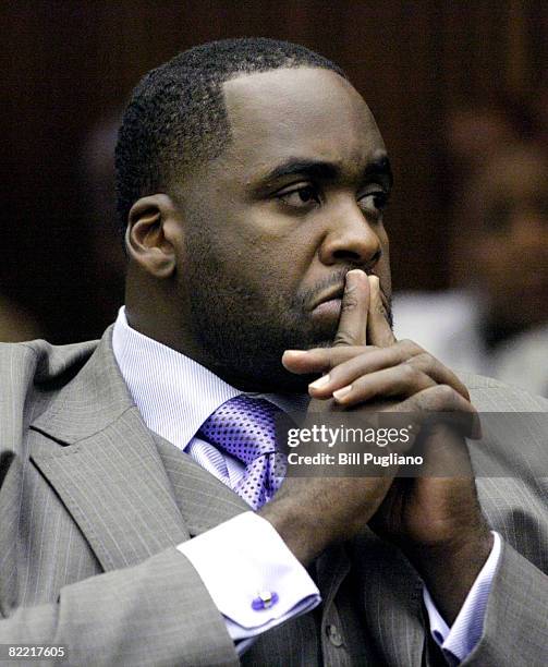 Detroit Mayor Kwame Kilpatrick appears before Judge Thomas Jackson for an emergency appeal hearing in Wayne County Circuit Court August 8, 2008 in...