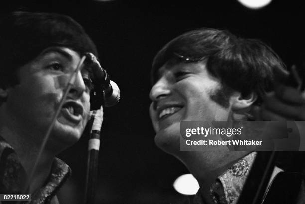 Paul McCartney and John Lennon performing with the Beatles at the Rizal Memorial Football Stadium, Manila, Philippines, during the group's final...