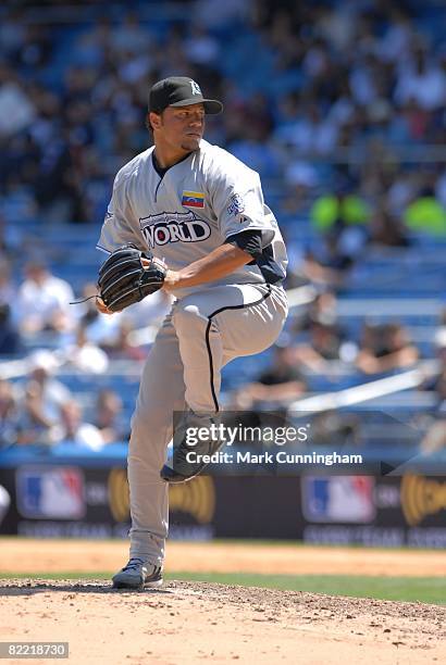 Jesus Delgado of the World Team pitches during the XM All-Star Futures Game at the Yankee Stadium in the Bronx, New York on July 13, 2008. The World...