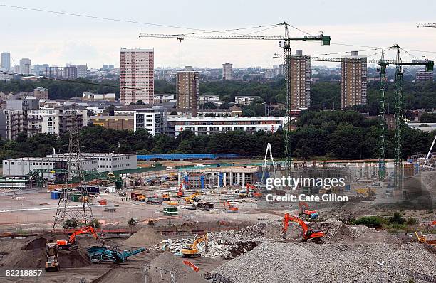 Work continues on the Olympic stadium at the London Olympic Park site on August 8, 2008 in Stratford, London, England. On the opening day of the...