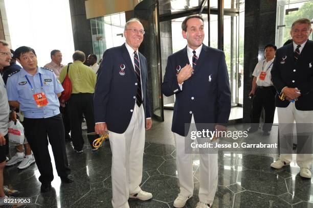 Coaches Jim Boehim and Mike Krzyzewski of the U.S. Men's Senior National Basketball Team leave the hotel on their way to the Opening Ceremonies at...