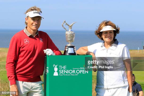 Bernhard Langer of Germany and his playing partner Lynette Federer pose during the ProAm ahead of The Senior Tour Open Championship played at Royal...