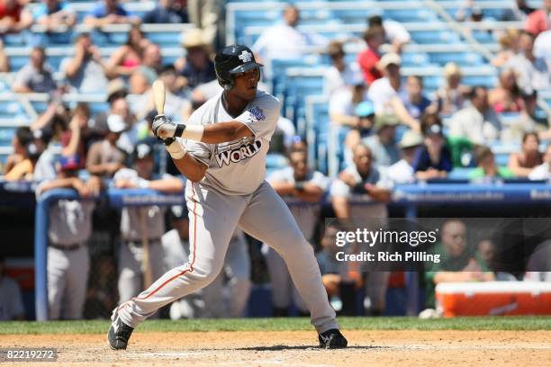 Angel Villalona of the World Team swings during the XM All-Star Futures Game at the Yankee Stadium in the Bronx, New York on July 13, 2008. The World...
