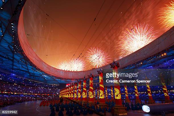 Fireworks explode during the Opening Ceremony for the 2008 Beijing Summer Olympics at the National Stadium on August 8, 2008 in Beijing, China.