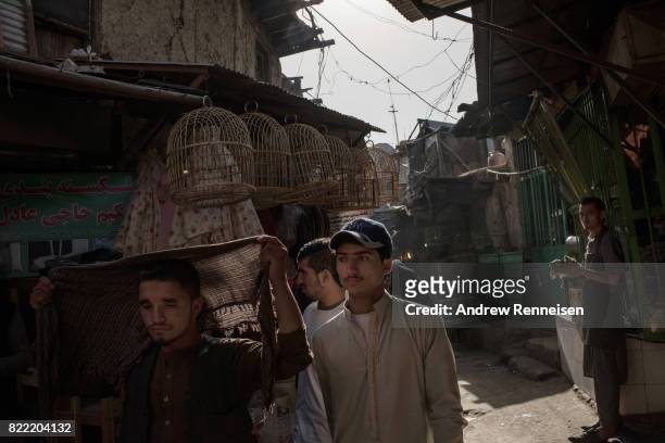 Men walk through a bird market in Kabul's old city on July 20, 2017 in Kabul, Afghanistan. Despite a heavy security presence throughout the city,...