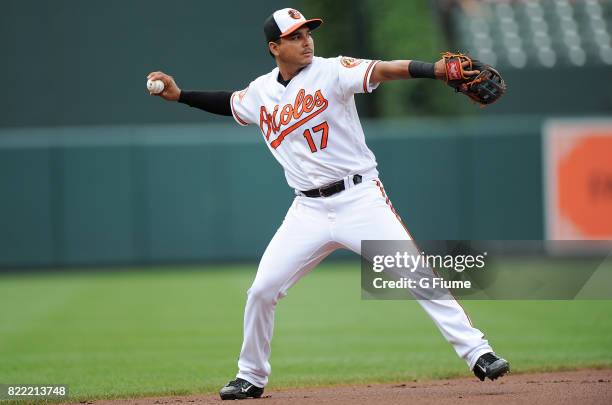 Ruben Tejada of the Baltimore Orioles throws the ball to first base against the Houston Astros at Oriole Park at Camden Yards on July 23, 2017 in...