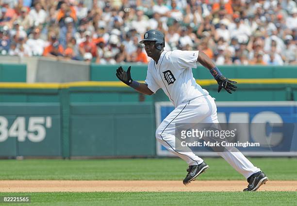 Edgar Renteria of the Detroit Tigers runs during the game against the Chicago White Sox at Comerica Park in Detroit, Michigan on July 27, 2008. The...