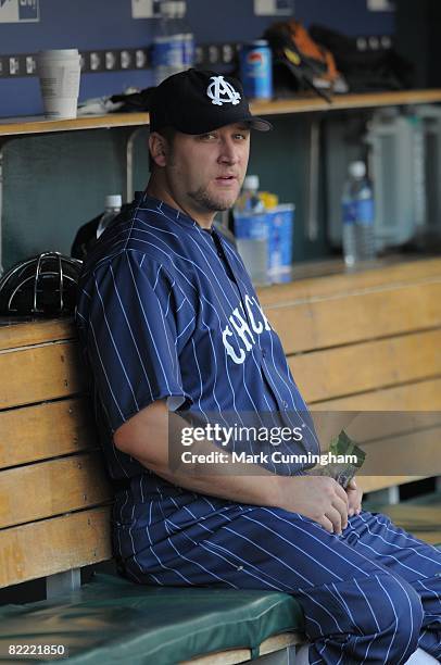Mark Buehrle of the Chicago White Sox looks on while wearing a Chicago American Giants Negro League Tribute uniform during the game against the...
