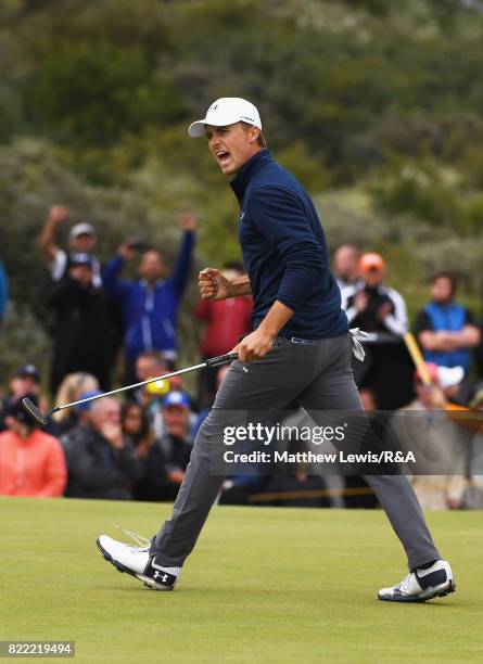 Jordan Spieth of the United States celebrates a putt on the 16th hole during the 146th Open Championship at Royal Birkdale on July 23, 2017 in...