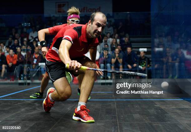 Simon Rosner of Germany plays against Wojciech Nowisz of Poland during the Squash Men's Qualification match of The World Games at Hasta La Vista...