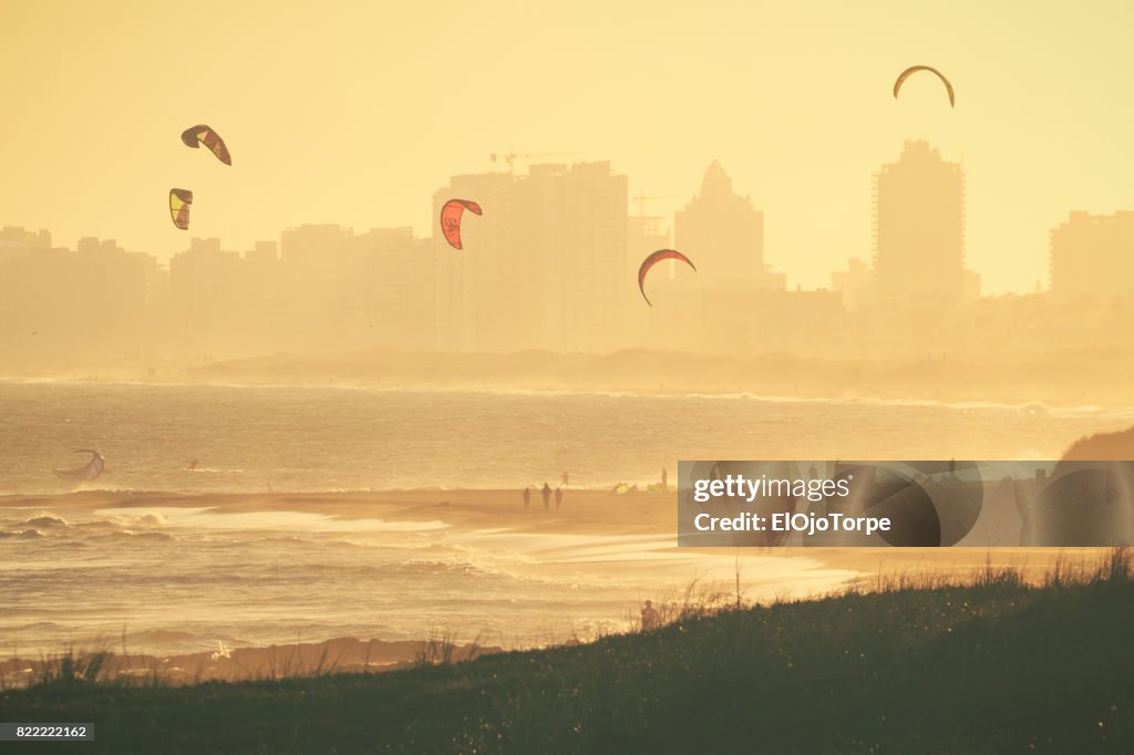 Kitesurfing in La Barra neighbourhood, near Punta del Este, Uruguay