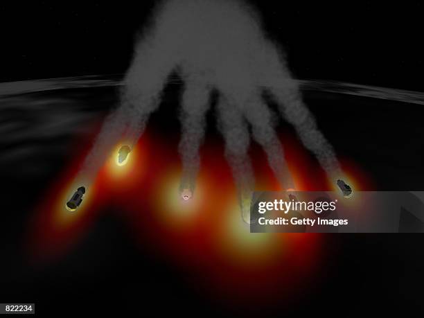 Computer simulated images illustrate Mir's descent and breakup as it enters the Earth's atmosphere, March 21, 2001. Cosmonauts assembled Mir during a...
