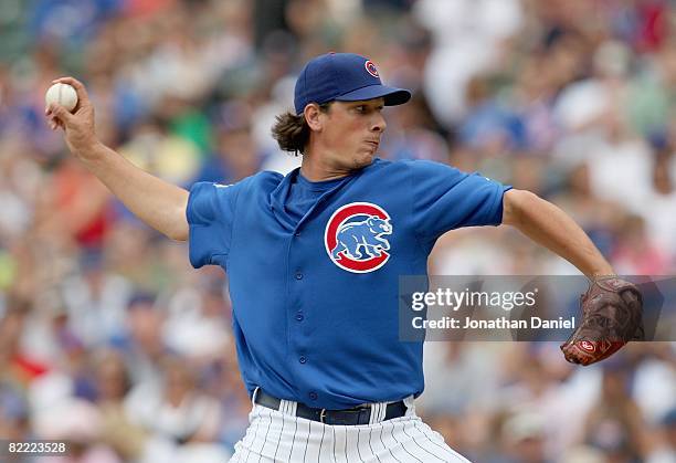 Jeff Samardzija of the Chicago Cubs pitches against the Houston Astros on August 6, 2008 at Wrigley Field in Chicago, Illinois. The Cubs defeated the...