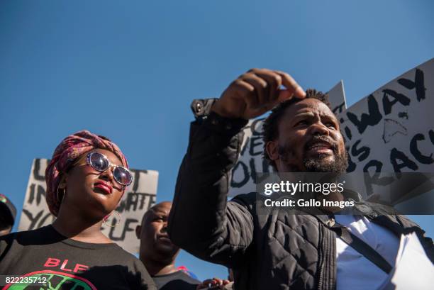 Black Land First members led by Andile Mngxitama and Zanele Lwaini protests outside MiWay Insurance headquarters following an allegedly fake email...