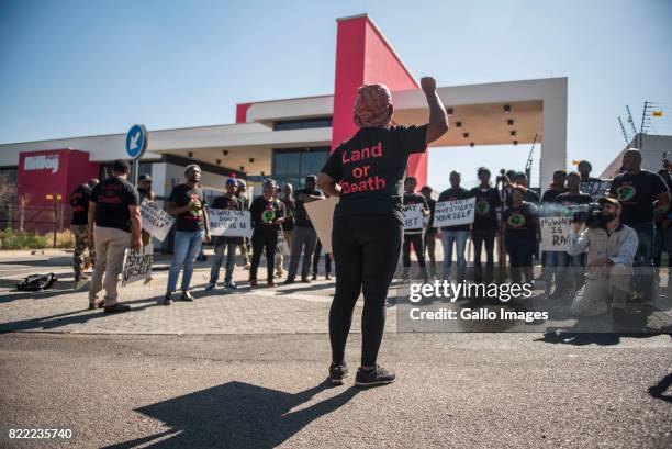 Black Land First members protests outside MiWay Insurance headquarters following an allegedly fake email scandal on July 21, 2017 in Centurion, South...