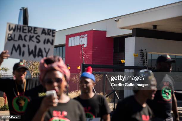 Black Land First members led by Andile Mngxitama and Zanele Lwaini protests outside MiWay Insurance headquarters following an allegedly fake email...