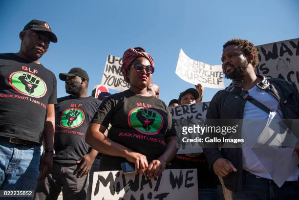 Black Land First members led by Andile Mngxitama and Zanele Lwaini protests outside MiWay Insurance headquarters following an allegedly fake email...