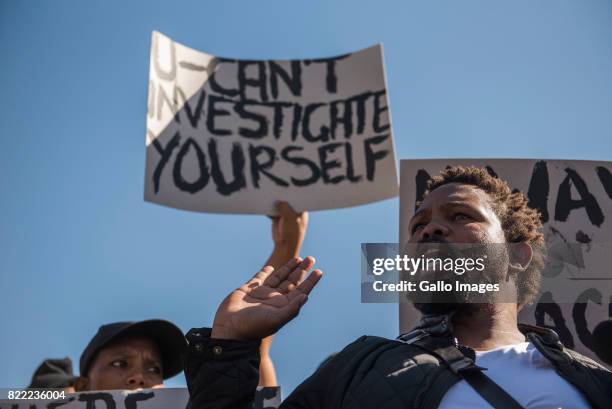 Black Land First members led by Andile Mngxitama and Zanele Lwaini protests outside MiWay Insurance headquarters following an allegedly fake email...