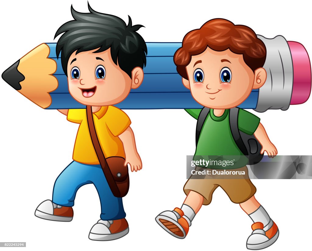 Dibujos Animados De Dos Niño Sosteniendo Un Lápiz Grande Ilustración de  stock - Getty Images