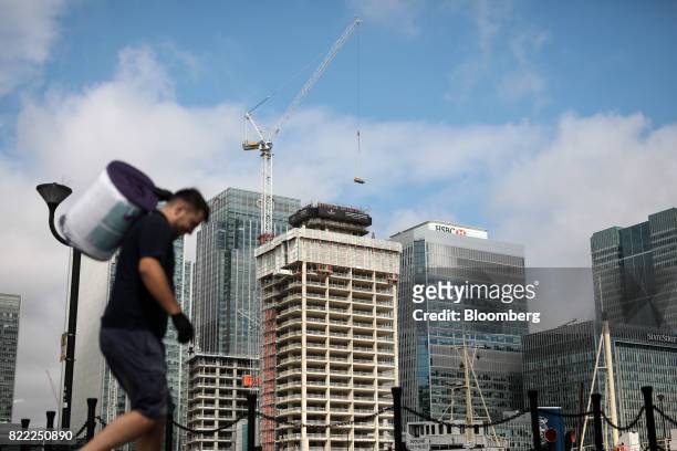 Pedestrian walks past residential flats at The Grid Building, being built by the Canary Wharf Group Plc, in the Canary Wharf financial, business and...