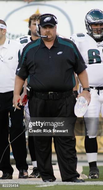 Andy Reid, head coach of the Philadelphia Eagles watches play against the Pittsburgh Steelers during a preseason game on August 8, 2008 at Heinz...