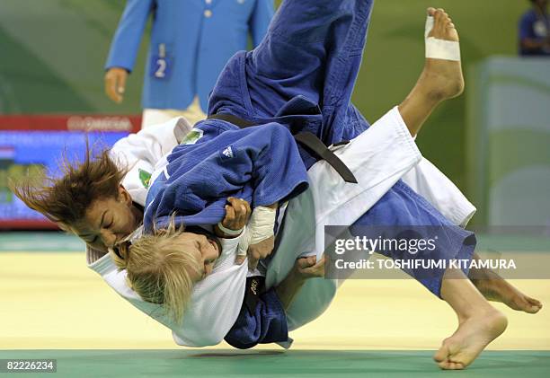 Hungary Eva Csernoviczki and Brazil Sarah Menezes compete during their women -48kg preliminary match of the 2008 Beijing Olympic Games on August 9,...
