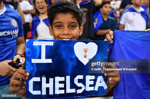 Chelsea FC fan smiles during the International Champions Cup match between Chelsea FC and FC Bayern Munich at National Stadium on July 25, 2017 in...