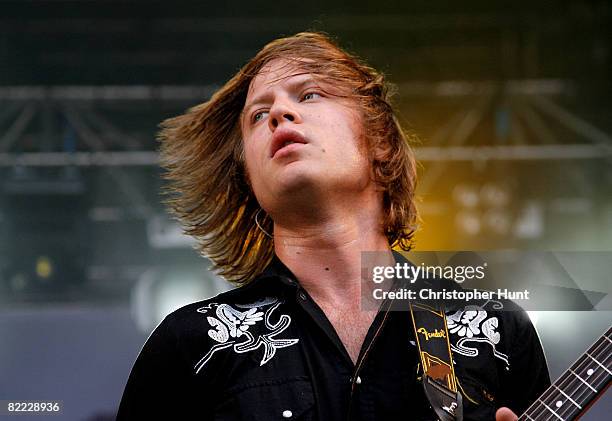 Bjorn Dixgard of Mando Diao performs on stage during the first day of the Way Out West festival, at Slottsskogen on August 8, 2008 in Gothenburg,...
