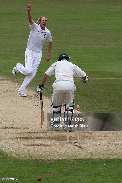 Stuart Broad of England celebrates after bowling Neil McKenzie of South Africa during day three of the 4th npower Test Match between England and...