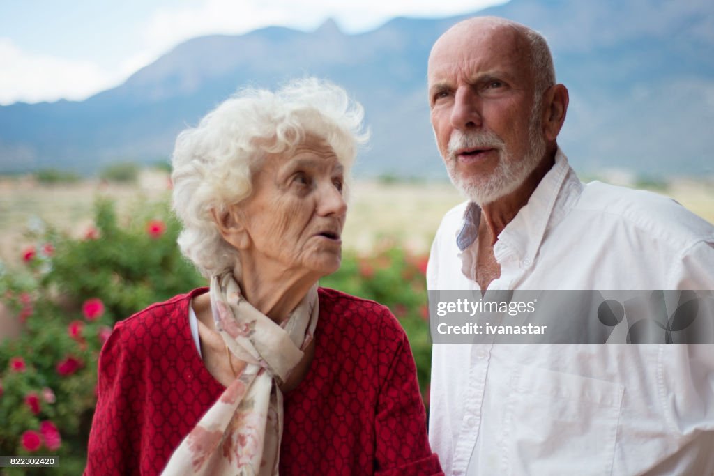 Two Senior Adults Talking, Discussing and Laughing